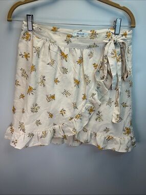 Madewell Cream Mini Wrap Skirt with Yellow Floral Print
